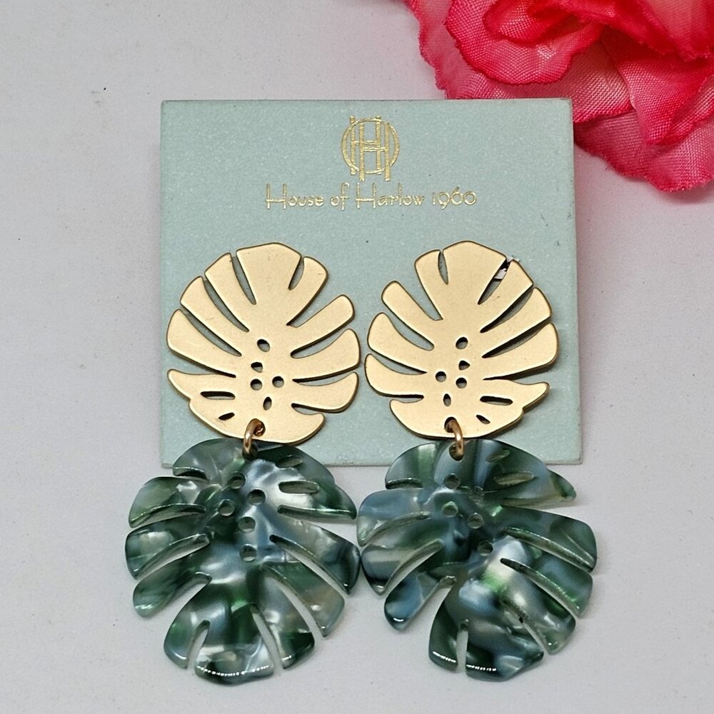 HOUSE OF HARLOW Monstera Leaf Dangling Earrings Green Gold Tropical Plant Palm